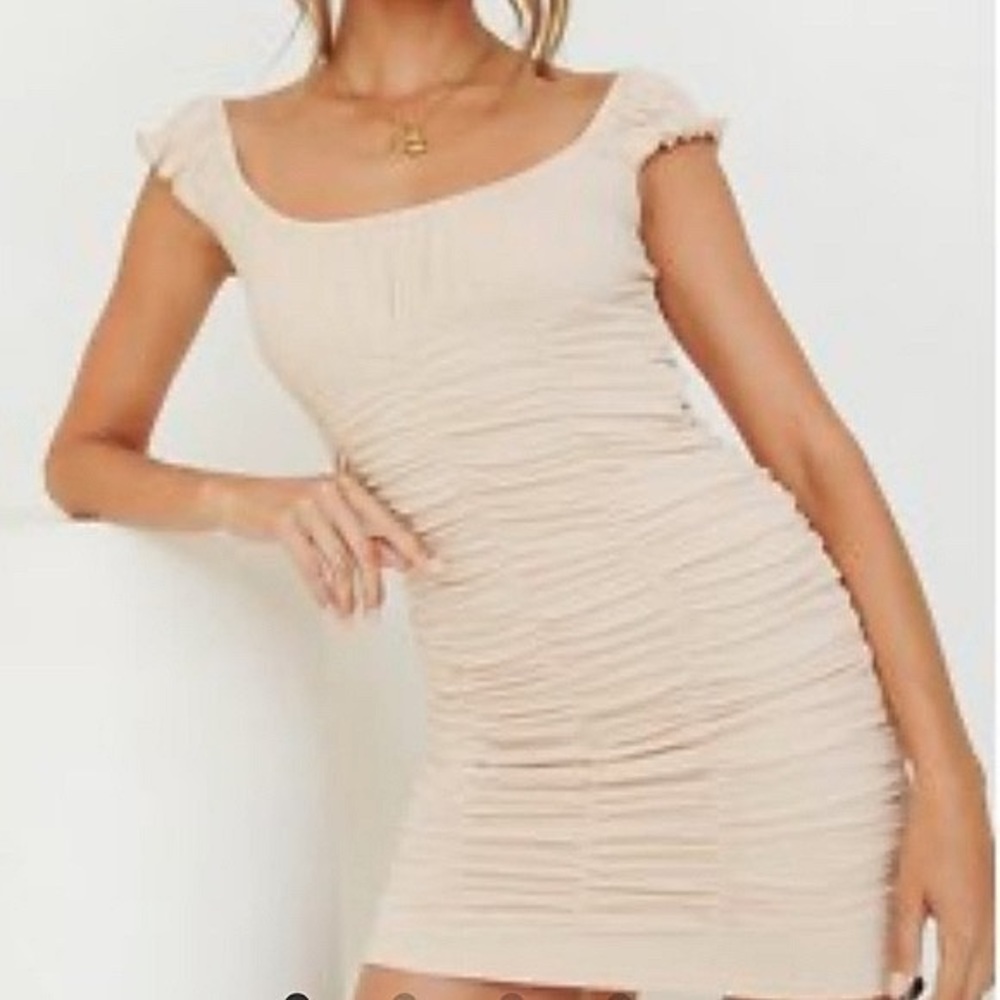 Verge girl ruched nude mini dress, off shoulder